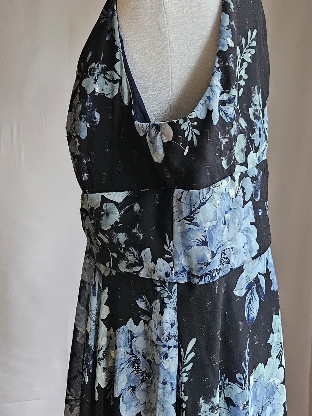 NWOT R&M Richards Floral Maxi Dress Size 16 Blue Metallic Halter Neck - Picture 8 of 16